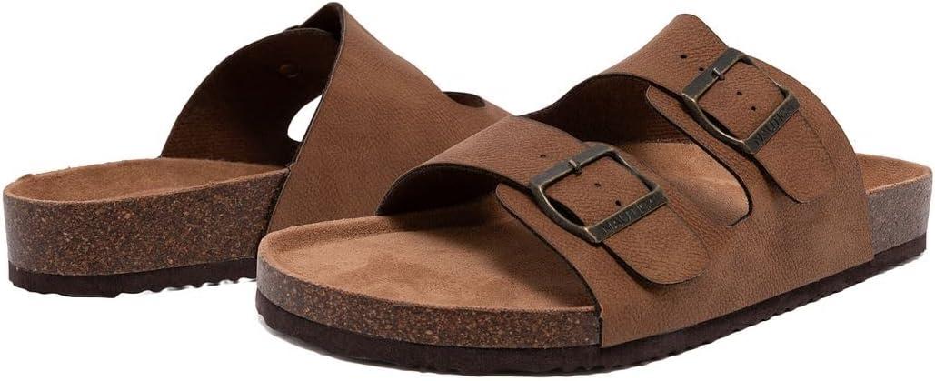 imageNautica Mens Sandals Casual Slides with 2 Adjustable Buckle Straps and Cork Footbed for Ultimate Comfort and Style RegularWide Width Big SizeCognactumbled