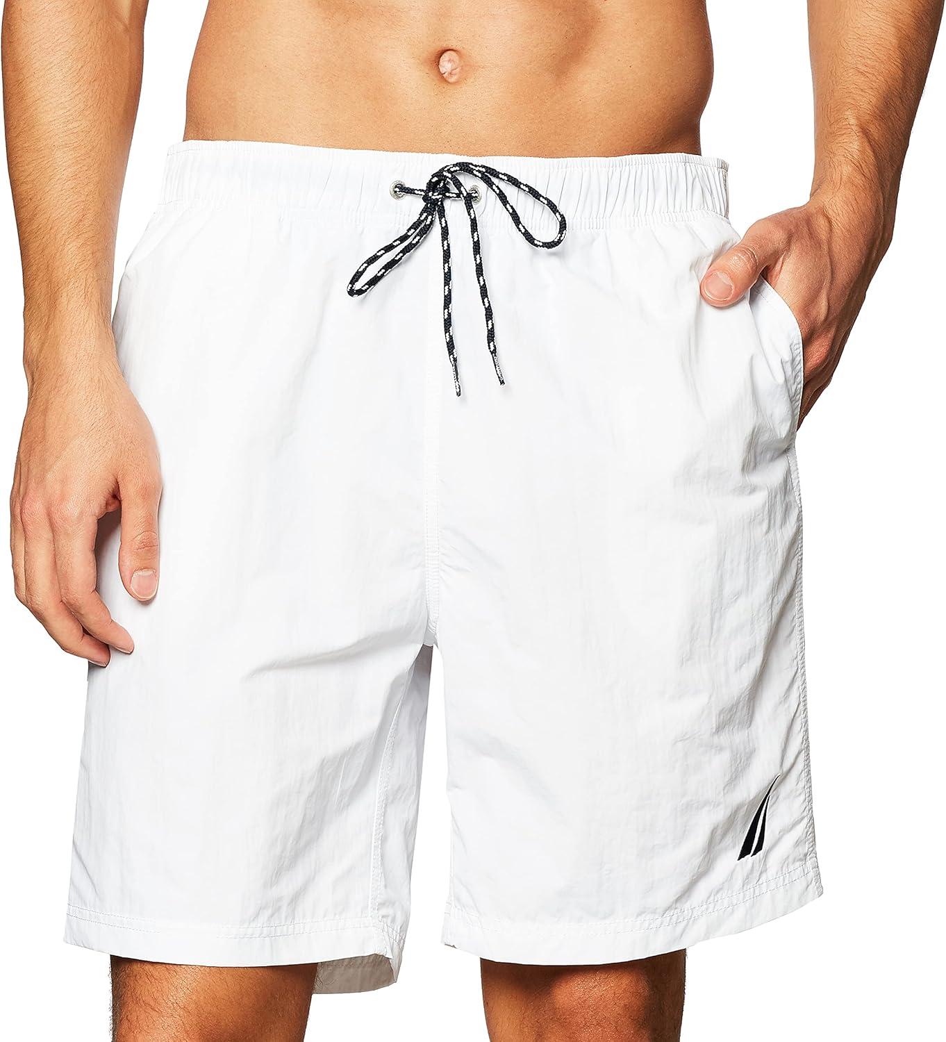 imageNautica Mens Solid Quick Dry Classic Logo SwimTrunkBright White