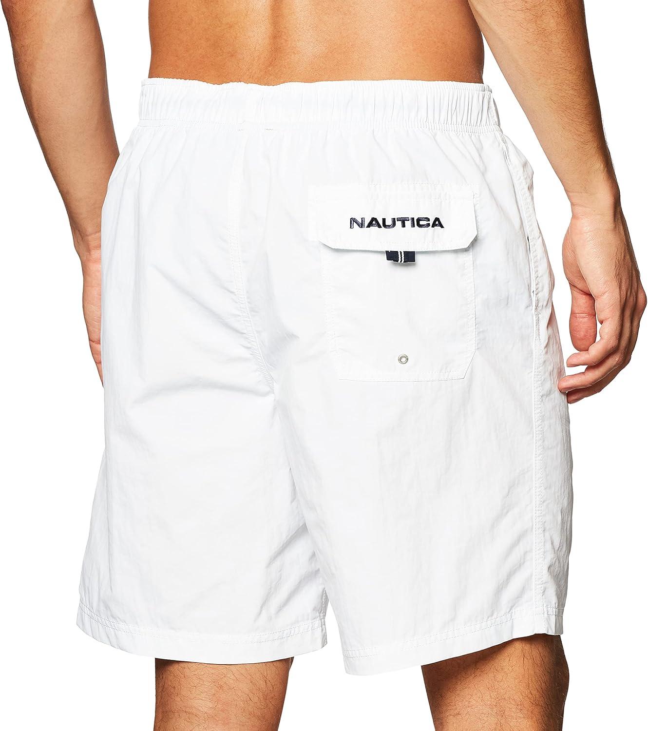 imageNautica Mens Solid Quick Dry Classic Logo SwimTrunkBright White