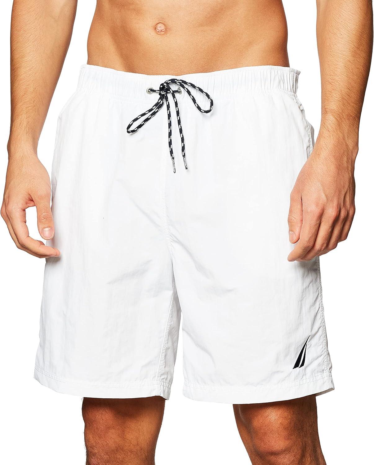 imageNautica Mens Solid Quick Dry Classic Logo SwimTrunkBright White