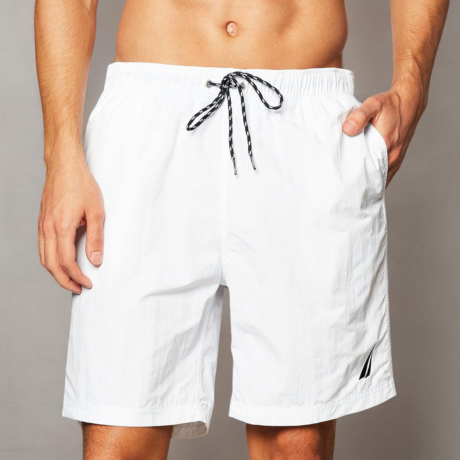 imageNautica Mens Solid Quick Dry Classic Logo SwimTrunkBright White