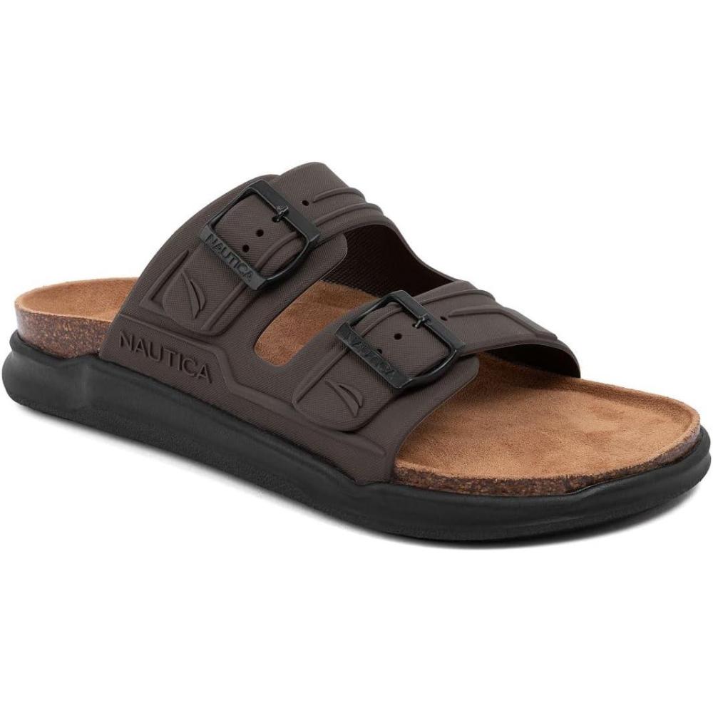 imageNautica Mens Sandals Casual Slides with 2 Adjustable Buckle Straps and Cork Footbed for Ultimate Comfort and Style RegularWide Width Big SizeChocolate