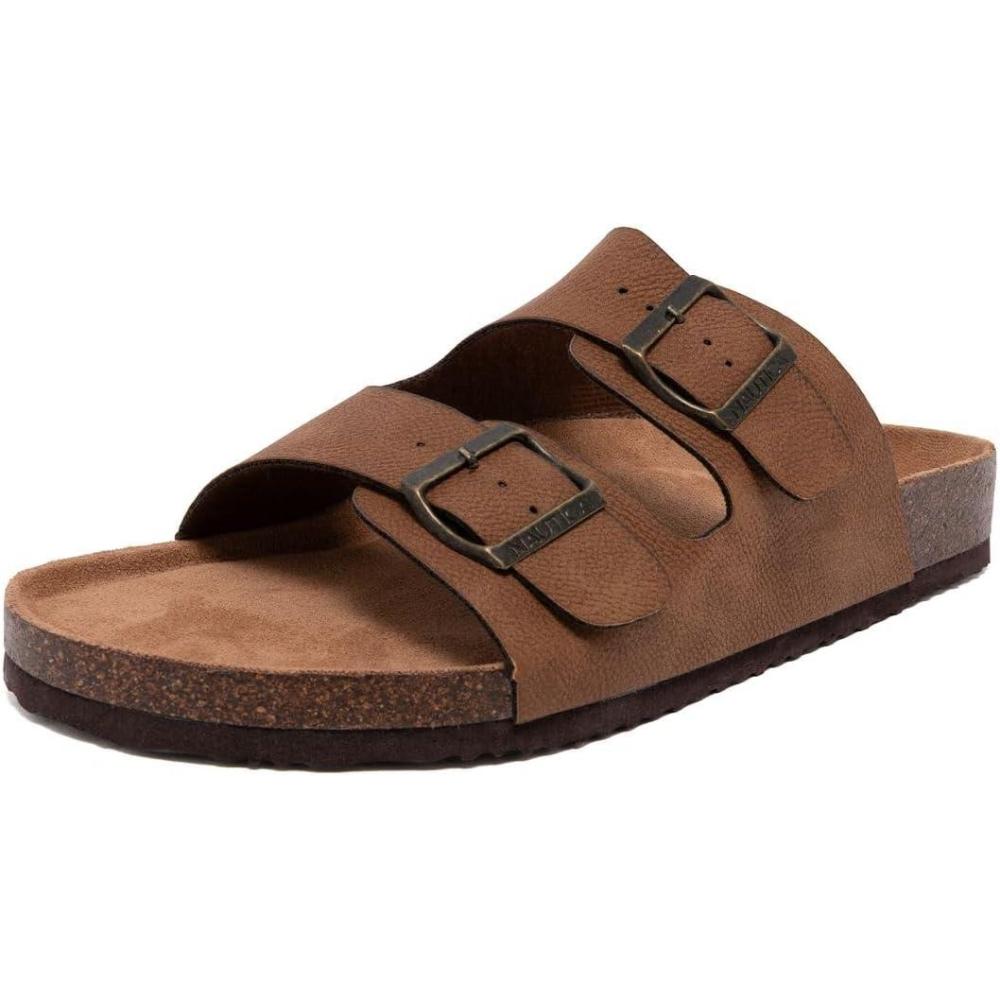imageNautica Mens Sandals Casual Slides with 2 Adjustable Buckle Straps and Cork Footbed for Ultimate Comfort and Style RegularWide Width Big SizeCognactumbled