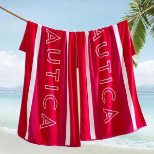 Nautica – Oversized Beach Towel Set, Soft Plush Velour Towels with Hanging Loop, Quick Dry & Absorbent, Beach Vacation Essentials for Adults & Travel (Turtle Beach Blue, 2-Pack)(Logo Stripe Pink)