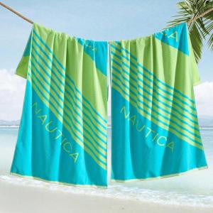 Nautica – Oversized Beach Towel Set, Soft Plush Velour Towels with Hanging Loop, Quick Dry & Absorbent, Beach Vacation Essentials for Adults & Travel (Turtle Beach Blue, 2-Pack)(Tilted Logo Blue)