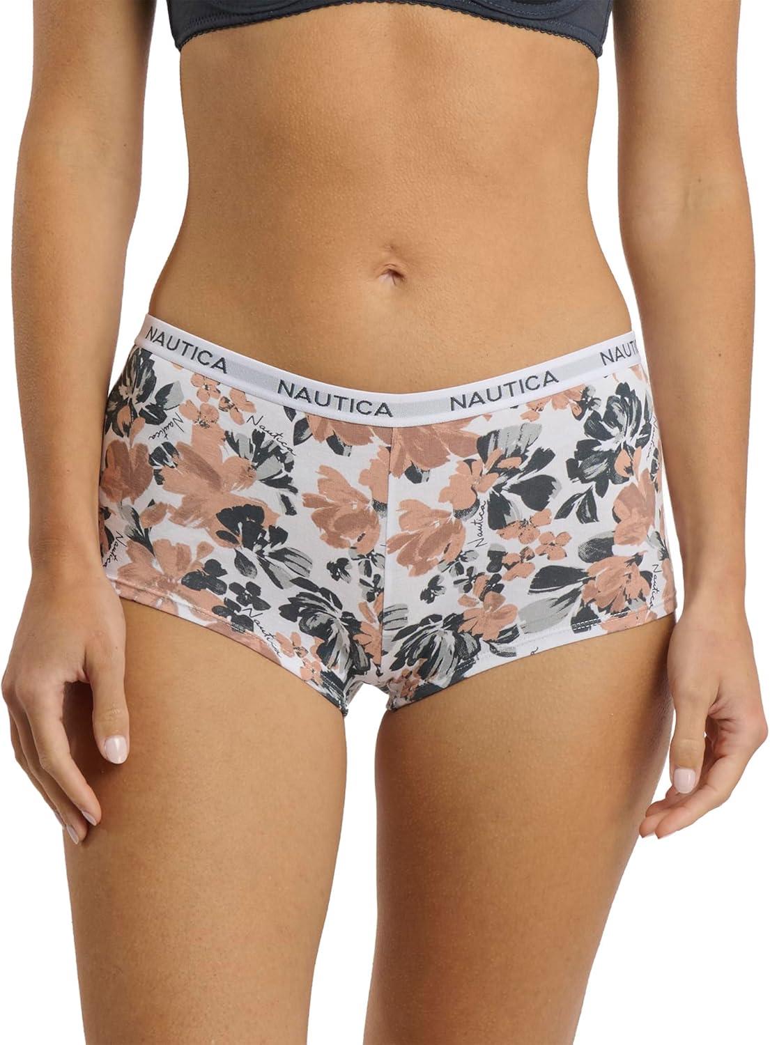 imageNautica Womens Cotton Boyshort Underwear Set 5PackLt Bleach HeatherCafe LatteMd Heather GreyChainmetalBrush Floral