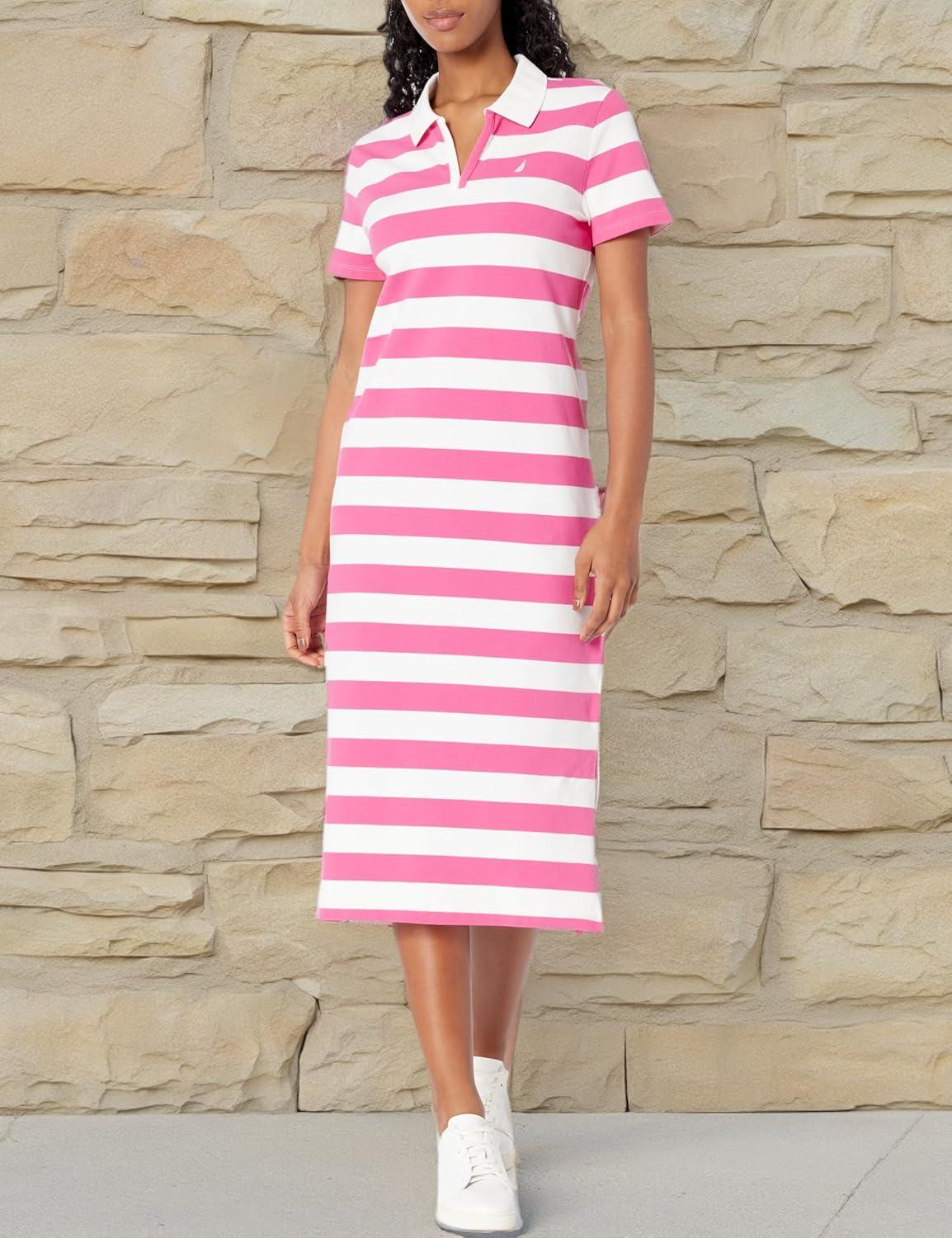 imageNautica Womens Johnny Collar Short Sleeve Stripe DressSangria SunsetBright White