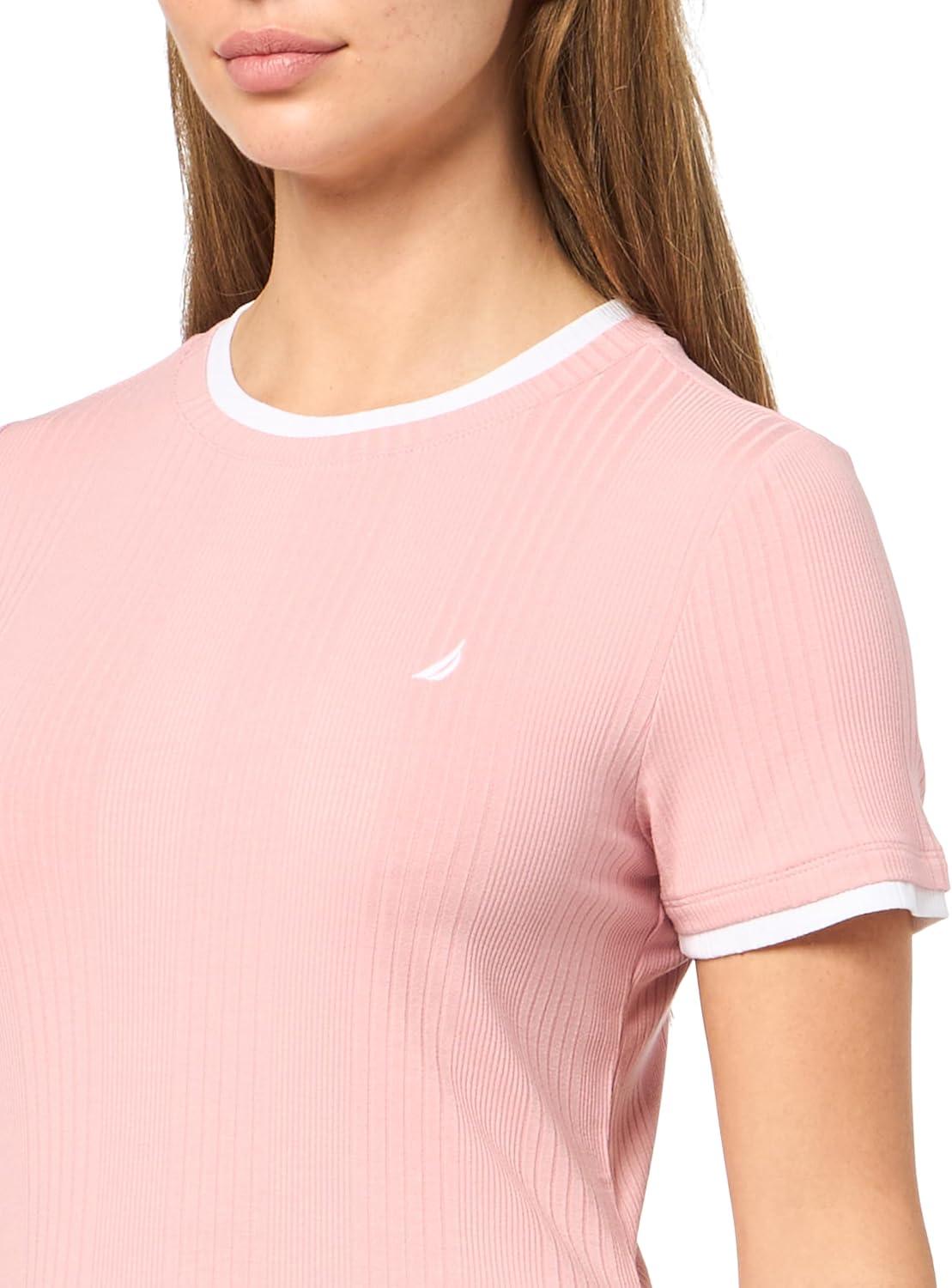 imageNautica Womens Solid Midi Short Sleeve Round Neck Ribbed Midi DressBridal Rose