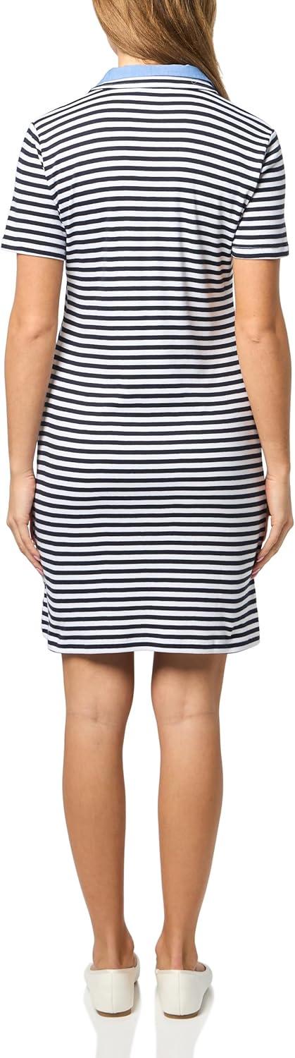 imageNautica Womens Stripped Collard Short Sleeve VNeck Johnny Collar Polo Knit DressNight SkyBright White