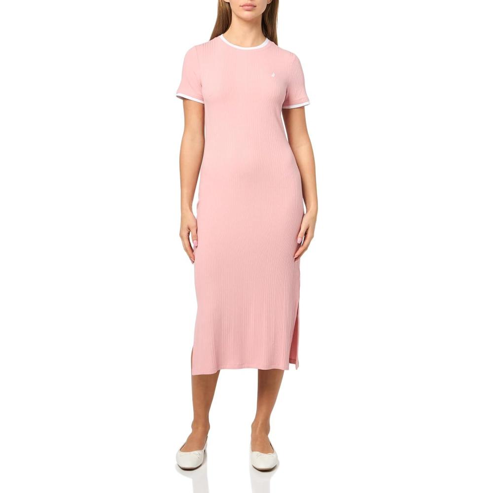 imageNautica Womens Solid Midi Short Sleeve Round Neck Ribbed Midi DressBridal Rose