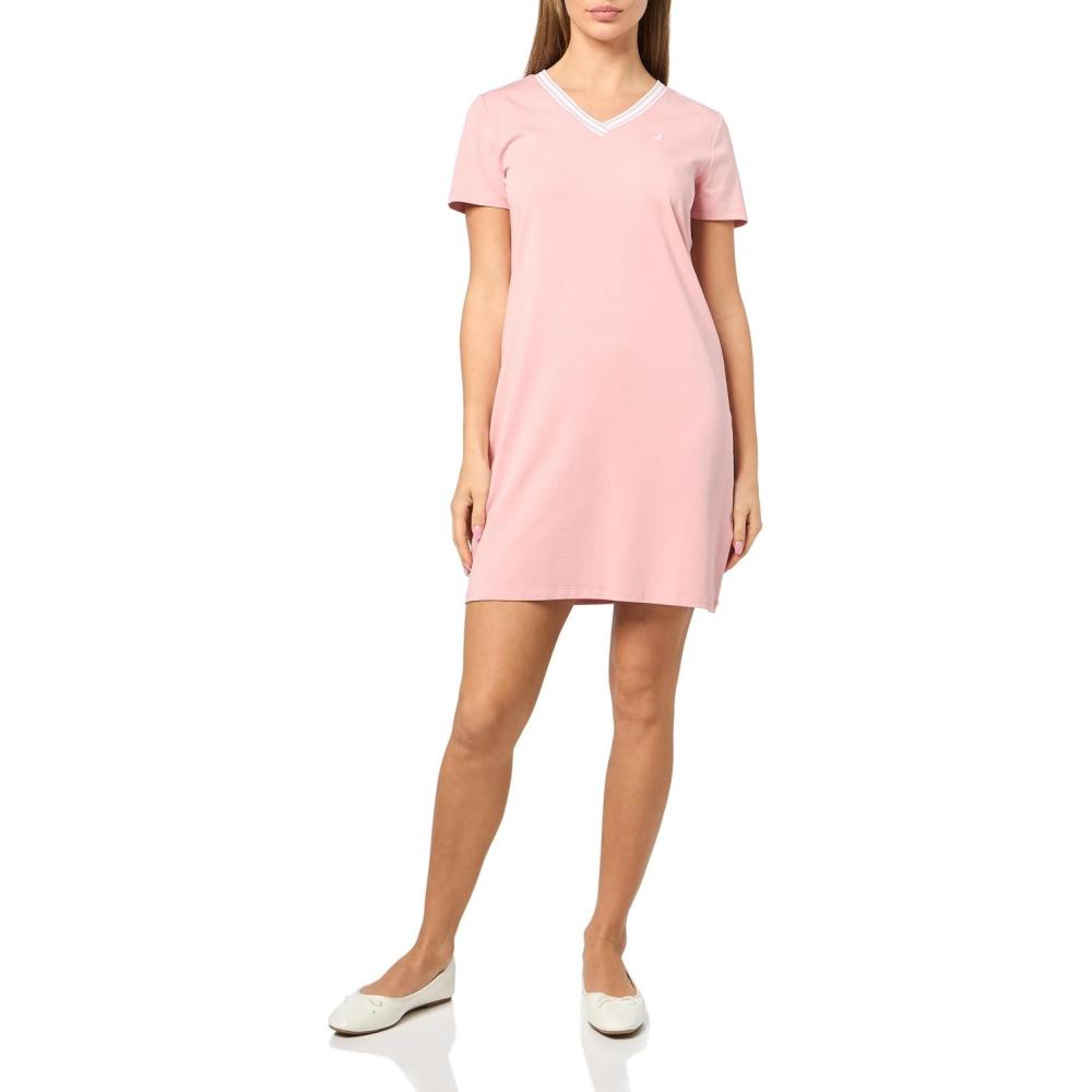 imageNautica Womens Solid VNeck Short Sleeve Pullover VNeck TShirt DressBridal Rose