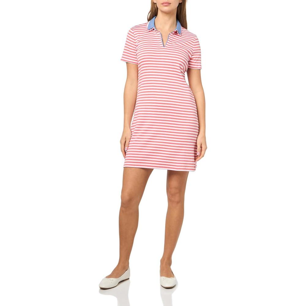 imageNautica Womens Stripped Collard Short Sleeve VNeck Johnny Collar Polo Knit DressCoralieBright White