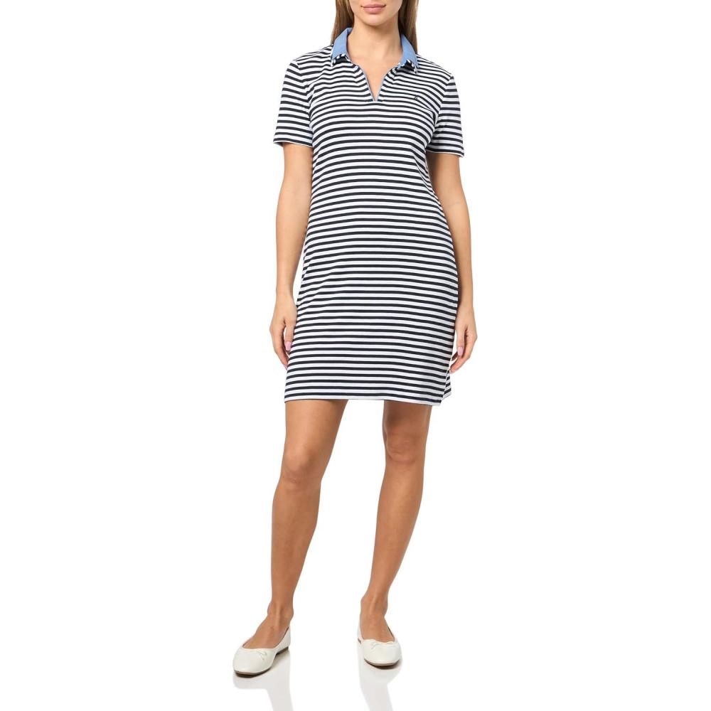 imageNautica Womens Stripped Collard Short Sleeve VNeck Johnny Collar Polo Knit DressNight SkyBright White
