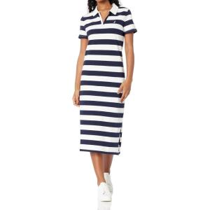 Nautica Women’s Johnny Collar Short Sleeve Stripe Dress(Night Sky/Bright White)