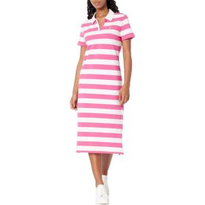 Nautica Women’s Johnny Collar Short Sleeve Stripe Dress(Sangria Sunset/Bright White)