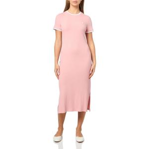 Nautica Women’s Solid Midi Short Sleeve Round Neck Ribbed Midi Dress(Bridal Rose)