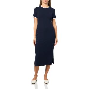 Nautica Women’s Solid Midi Short Sleeve Round Neck Ribbed Midi Dress(Night Sky)