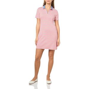Nautica Women’s Stripped Collard Short Sleeve V-Neck Johnny Collar Polo Knit Dress(Coralie/Bright White)
