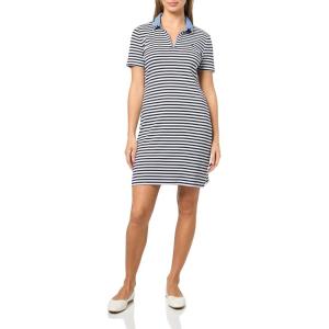 Nautica Women’s Stripped Collard Short Sleeve V-Neck Johnny Collar Polo Knit Dress(Night Sky/Bright White)