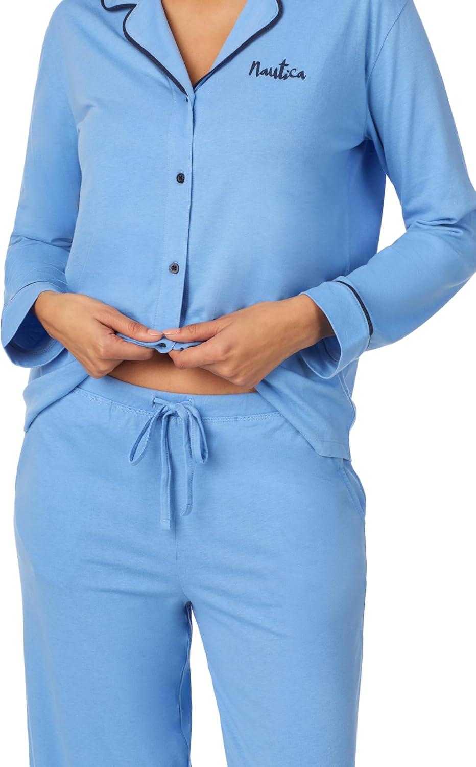 imageNautica 2Piece Notch Collar Pajama Set for Women ButtonUp Top amp Drawstring Pants Cotton Blend LightweightCounbl