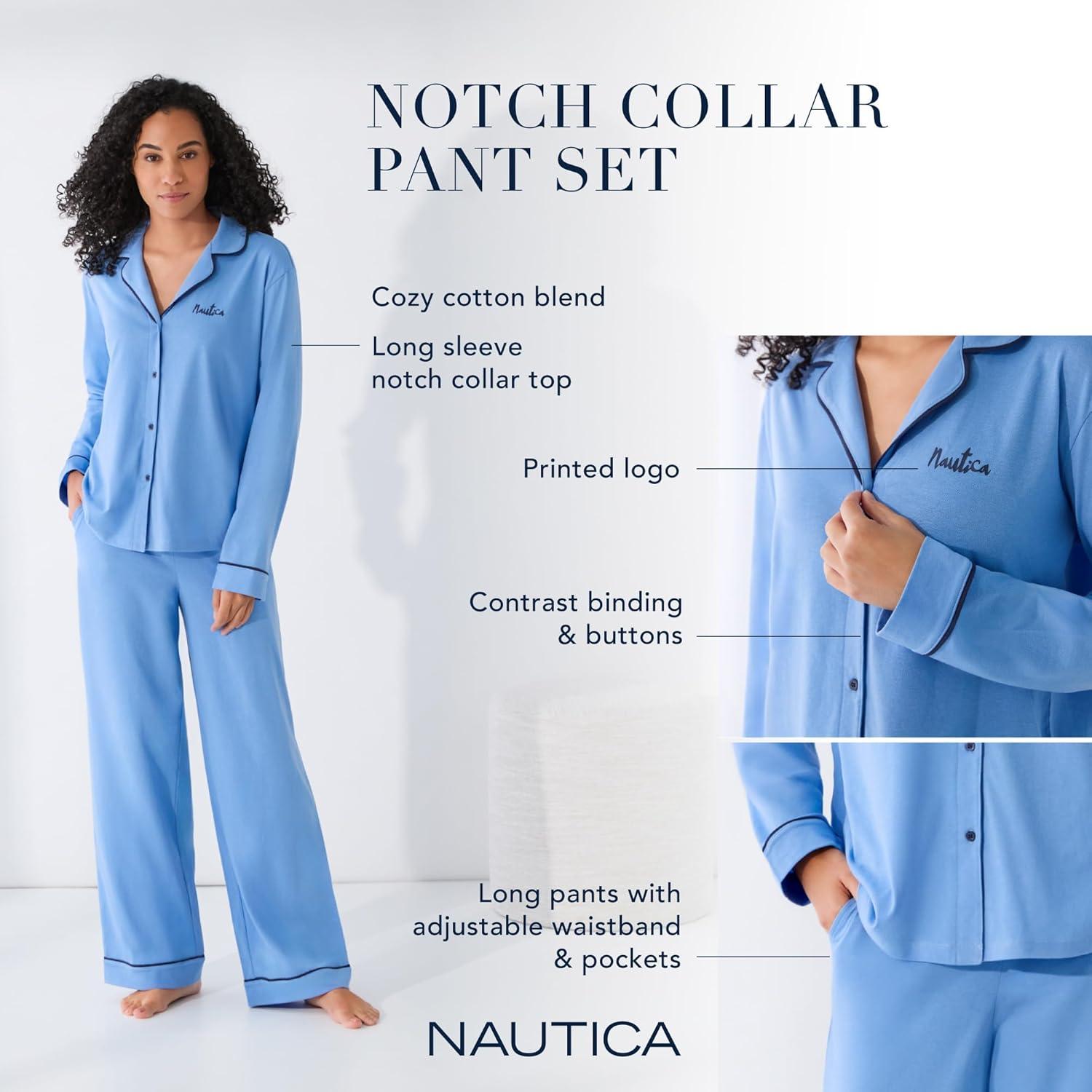 imageNautica 2Piece Notch Collar Pajama Set for Women ButtonUp Top amp Drawstring Pants Cotton Blend LightweightCounbl