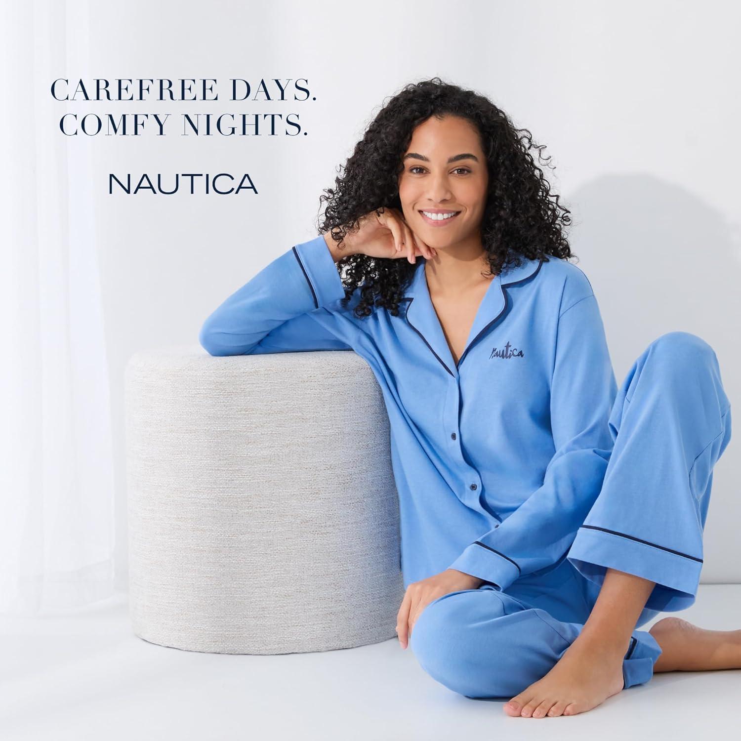 imageNautica 2Piece Notch Collar Pajama Set for Women ButtonUp Top amp Drawstring Pants Cotton Blend LightweightCounbl