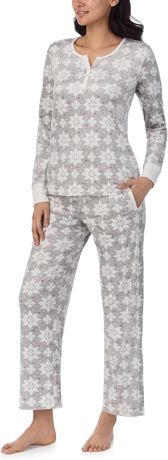 imageNautica Pajamas for Women Set Long Sleeve Henley Pajama Shirt amp Pants Warm Winter Fleece Sleepwear Lounge PJ Sets for WomenGrey Snowflake