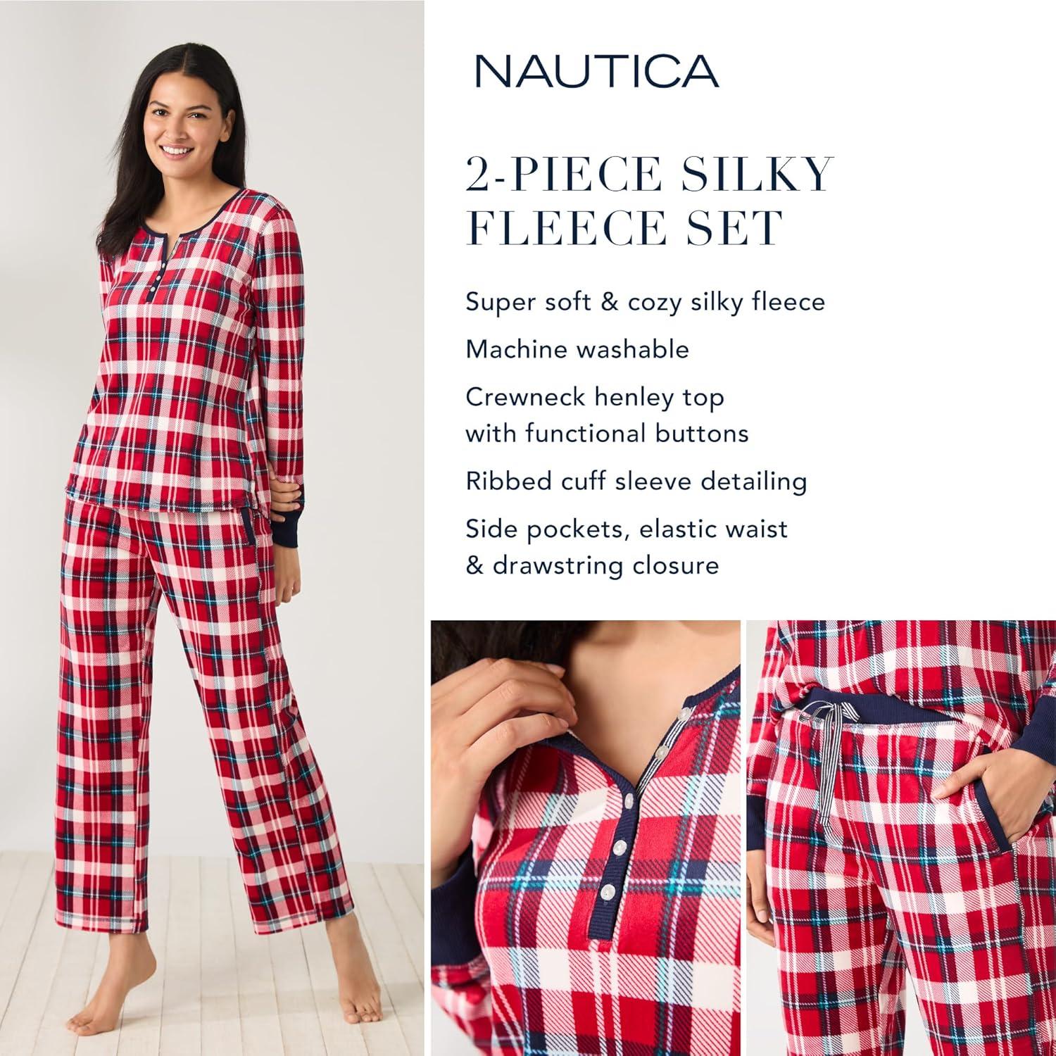 imageNautica Pajamas for Women Set Long Sleeve Henley Pajama Shirt amp Pants Warm Winter Fleece Sleepwear Lounge PJ Sets for WomenNavy Dots