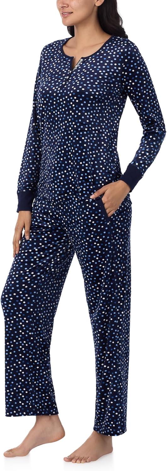 imageNautica Pajamas for Women Set Long Sleeve Henley Pajama Shirt amp Pants Warm Winter Fleece Sleepwear Lounge PJ Sets for WomenNavy Dots