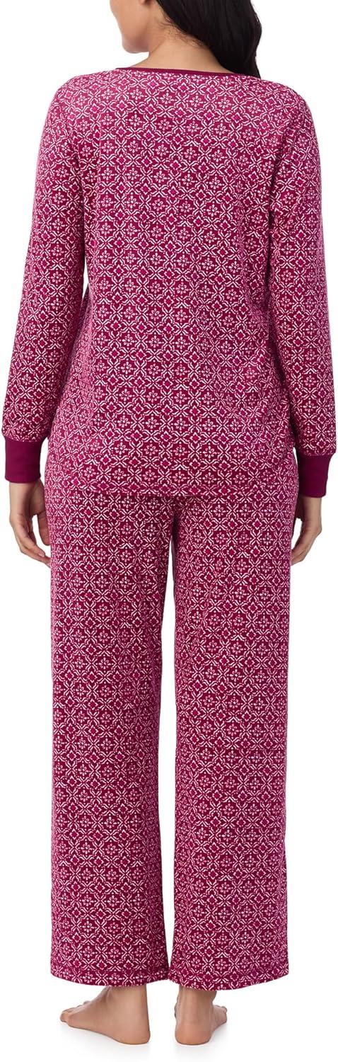 imageNautica Pajamas for Women Set Long Sleeve Henley Pajama Shirt amp Pants Warm Winter Fleece Sleepwear Lounge PJ Sets for WomenPink Geo