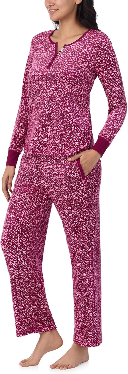 imageNautica Pajamas for Women Set Long Sleeve Henley Pajama Shirt amp Pants Warm Winter Fleece Sleepwear Lounge PJ Sets for WomenPink Geo