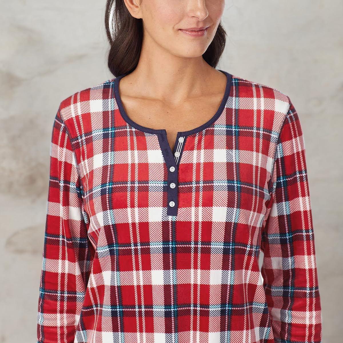 imageNautica Pajamas for Women Set Long Sleeve Henley Pajama Shirt amp Pants Warm Winter Fleece Sleepwear Lounge PJ Sets for WomenRed Plaid