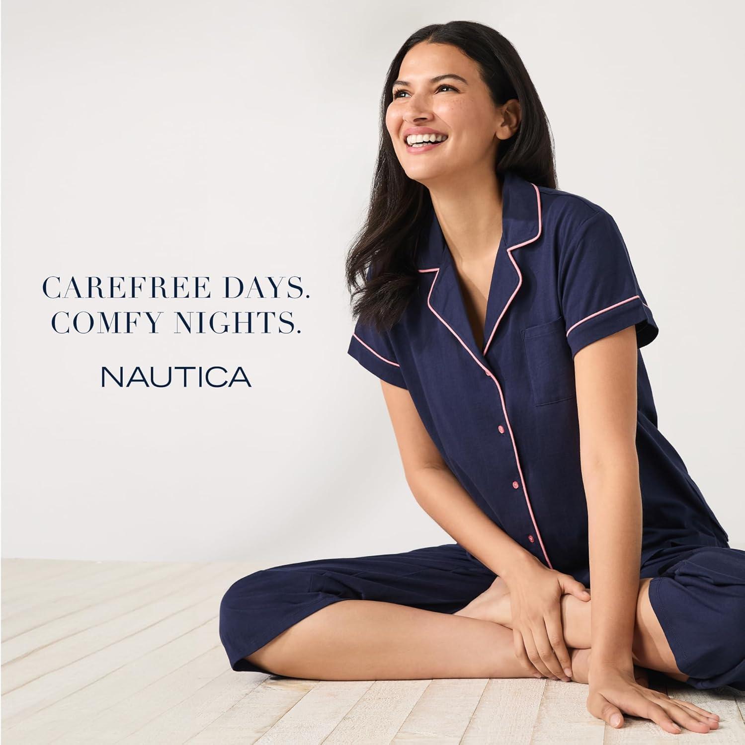 imageNautica Pajamas for Women Set Womens Lightweight Short Sleeve Button Down Pajama Shirt amp Capri Pants Lounge Sets PJs WomenHeather Grey