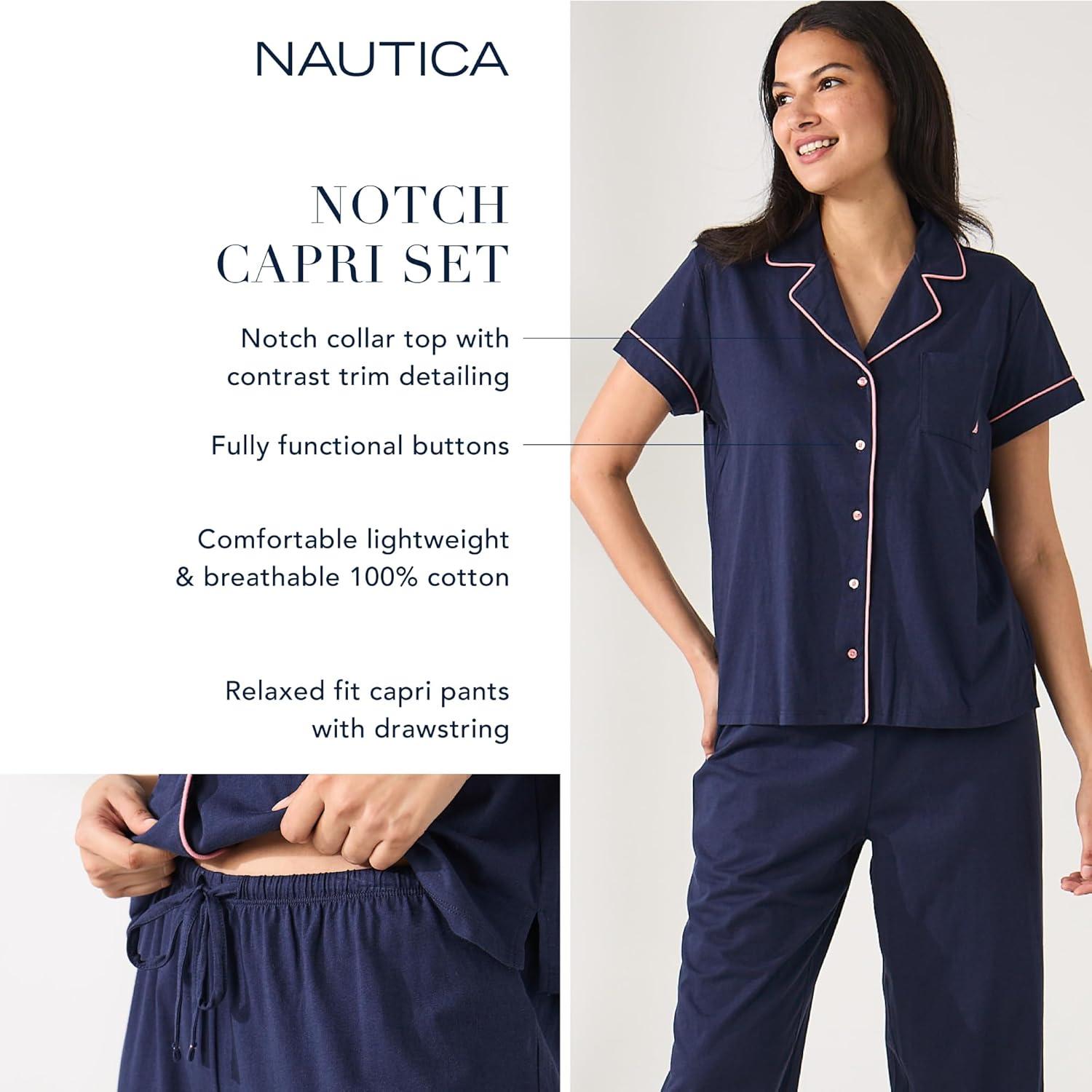 imageNautica Pajamas for Women Set Womens Lightweight Short Sleeve Button Down Pajama Shirt amp Capri Pants Lounge Sets PJs WomenPink