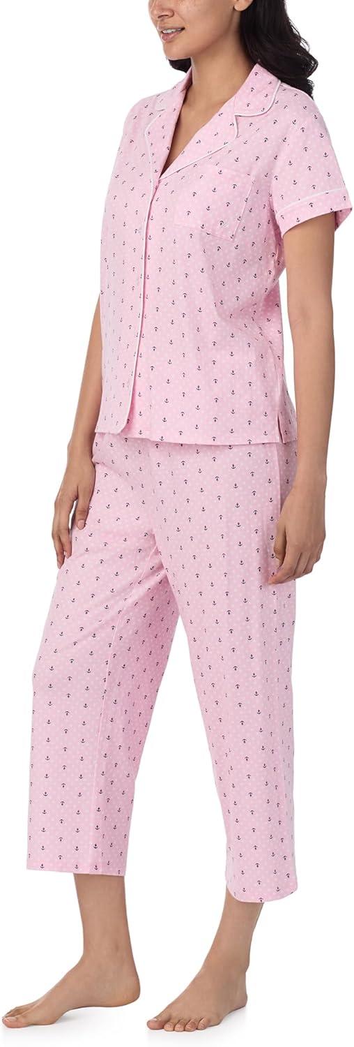 imageNautica Pajamas for Women Set Womens Lightweight Short Sleeve Button Down Pajama Shirt amp Capri Pants Lounge Sets PJs WomenPink