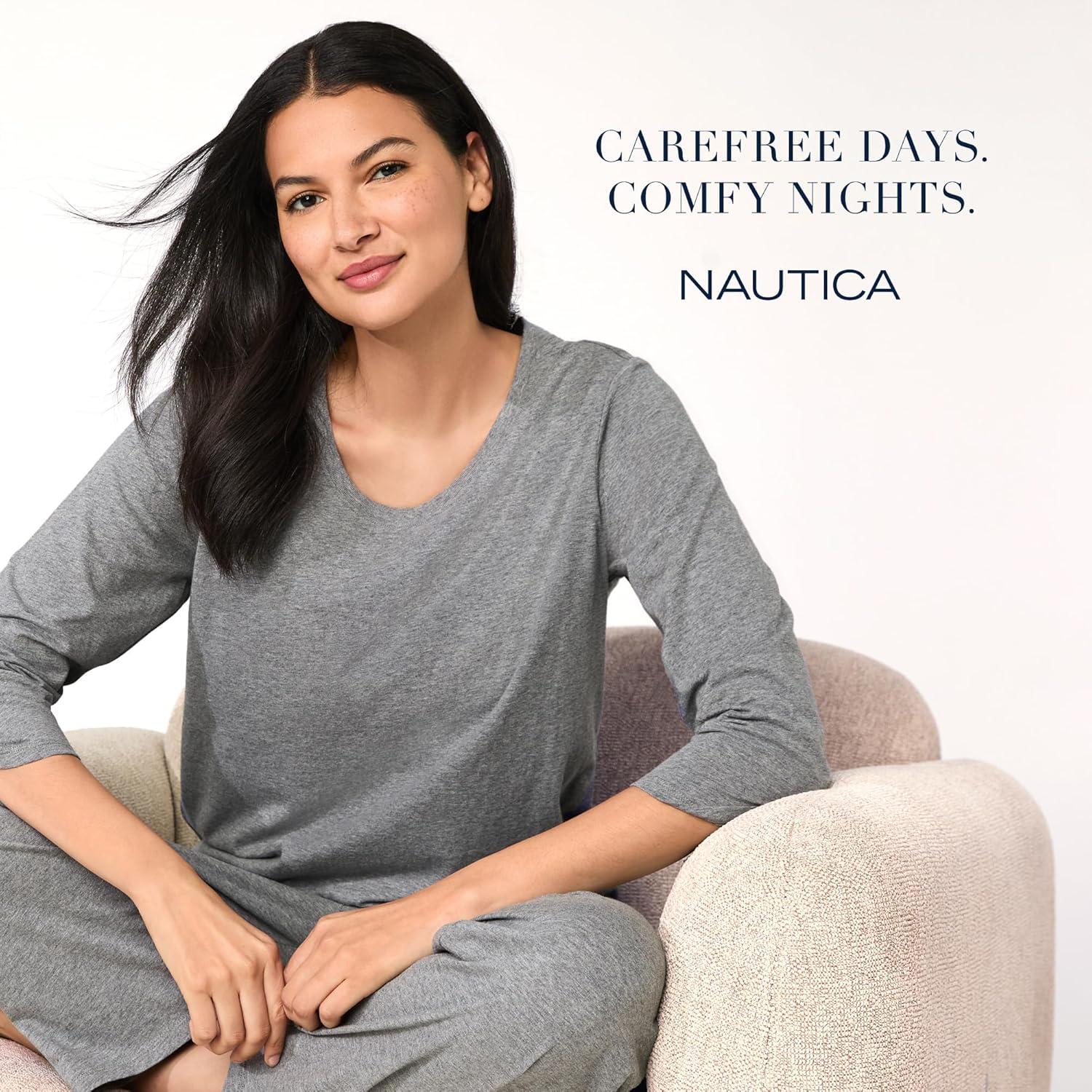 imageNautica Womens 34 Sleeve Sleep Shirt Lightweight Breathable Pajama Top Cotton Knit Jersey Crewneck Sleepwear LoungewearBlack