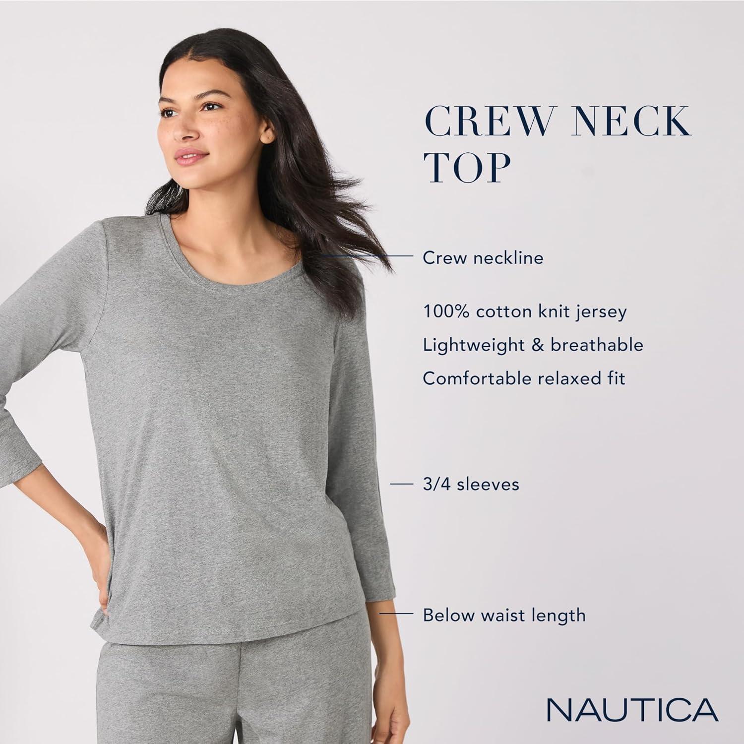 imageNautica Womens 34 Sleeve Sleep Shirt Lightweight Breathable Pajama Top Cotton Knit Jersey Crewneck Sleepwear LoungewearEggplant