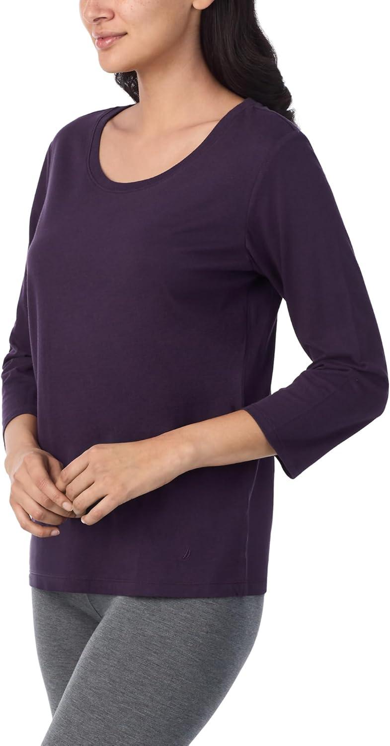 imageNautica Womens 34 Sleeve Sleep Shirt Lightweight Breathable Pajama Top Cotton Knit Jersey Crewneck Sleepwear LoungewearEggplant