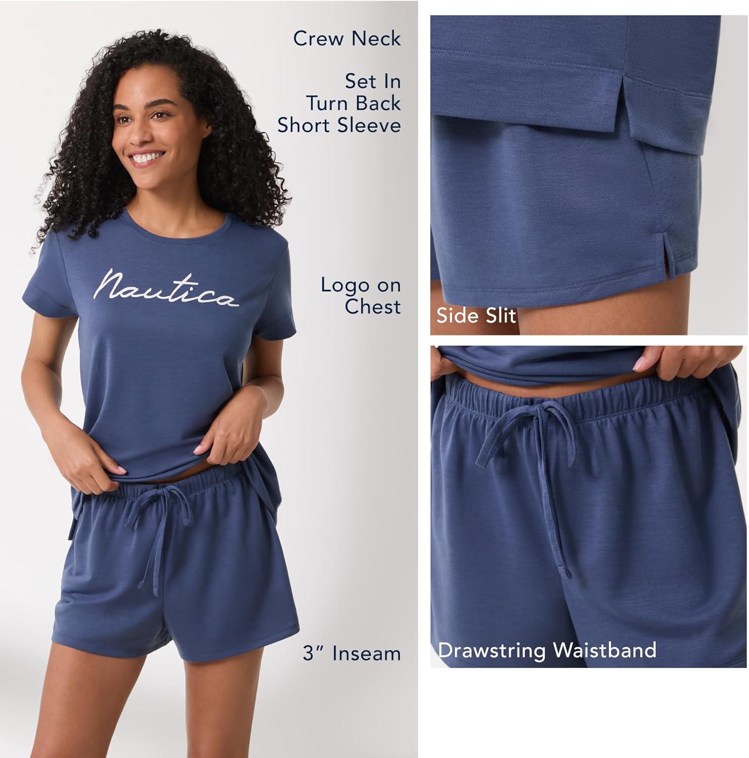 imageNautica Womens 4 Piece Sleep amp Lounge Pajama Set Lightweight French Terry Long amp Short Sleeve PJ Top Pants amp ShortsLilac Stripe