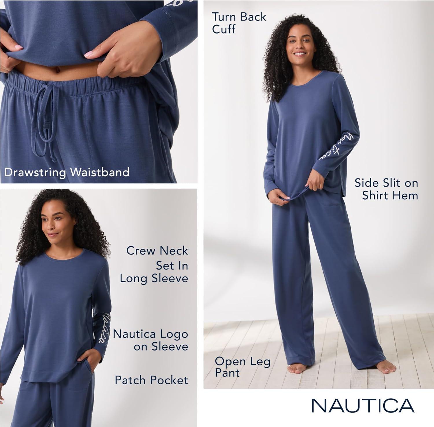 imageNautica Womens 4 Piece Sleep amp Lounge Pajama Set Lightweight French Terry Long amp Short Sleeve PJ Top Pants amp ShortsNavy