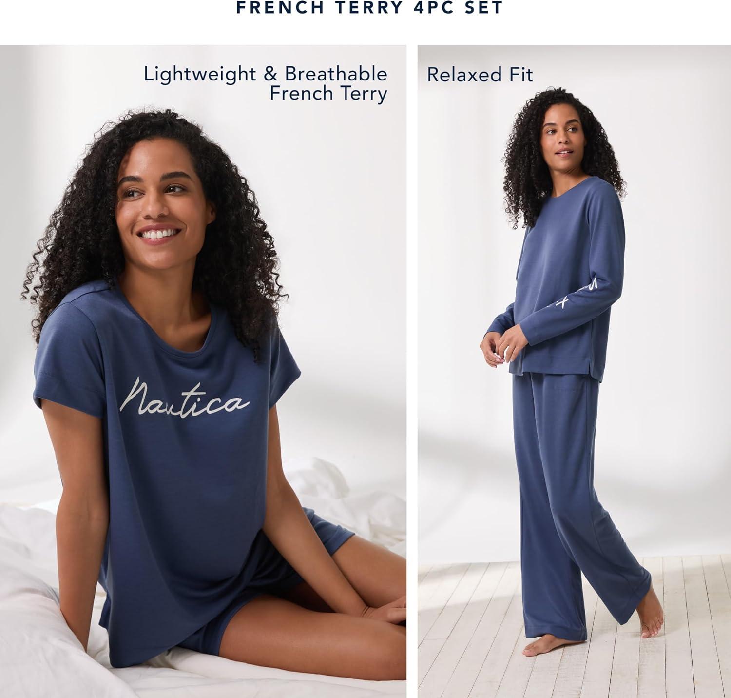 imageNautica Womens 4 Piece Sleep amp Lounge Pajama Set Lightweight French Terry Long amp Short Sleeve PJ Top Pants amp ShortsNavy