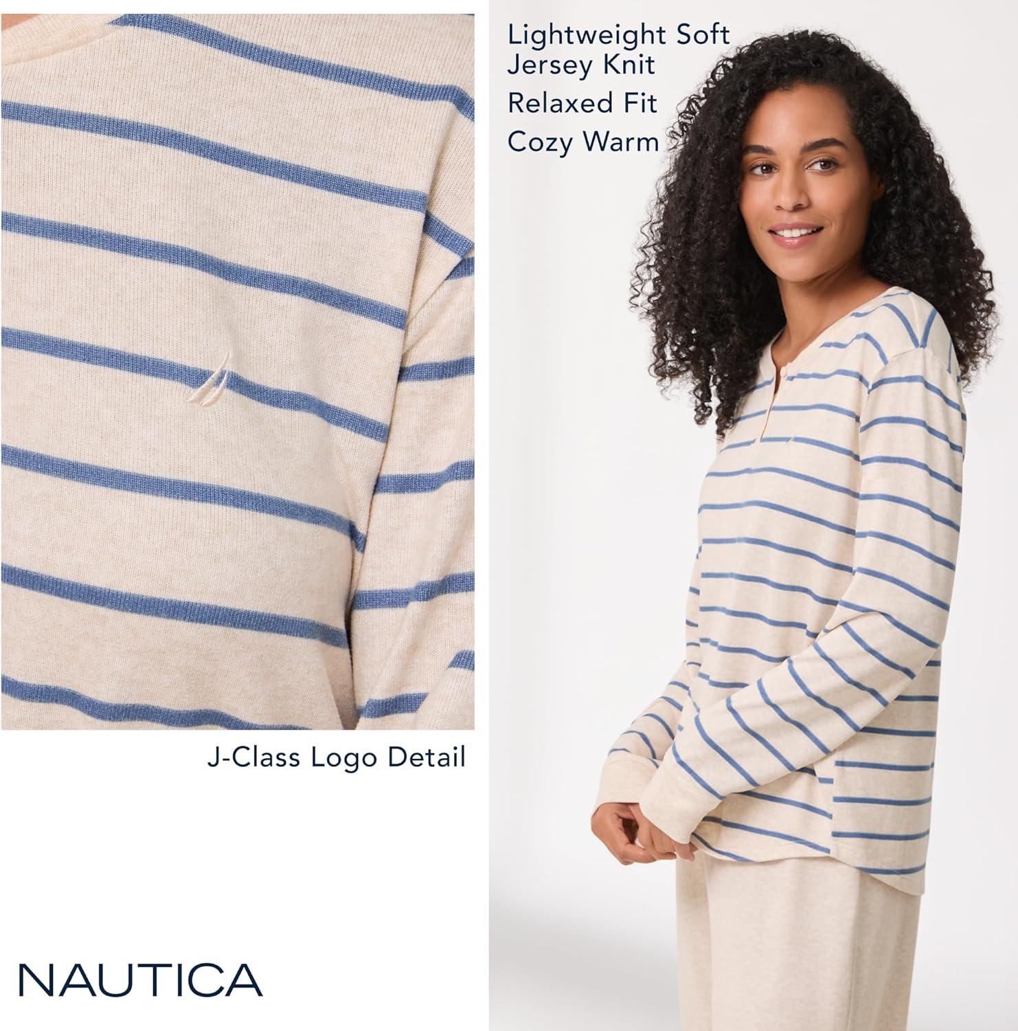 imageNautica Womens Henley Pajama Top UltraSoft amp Lightweight Long Sleeve Lounge Shirt Sweater Knit Sleepwear amp LoungewearGrey Stripe