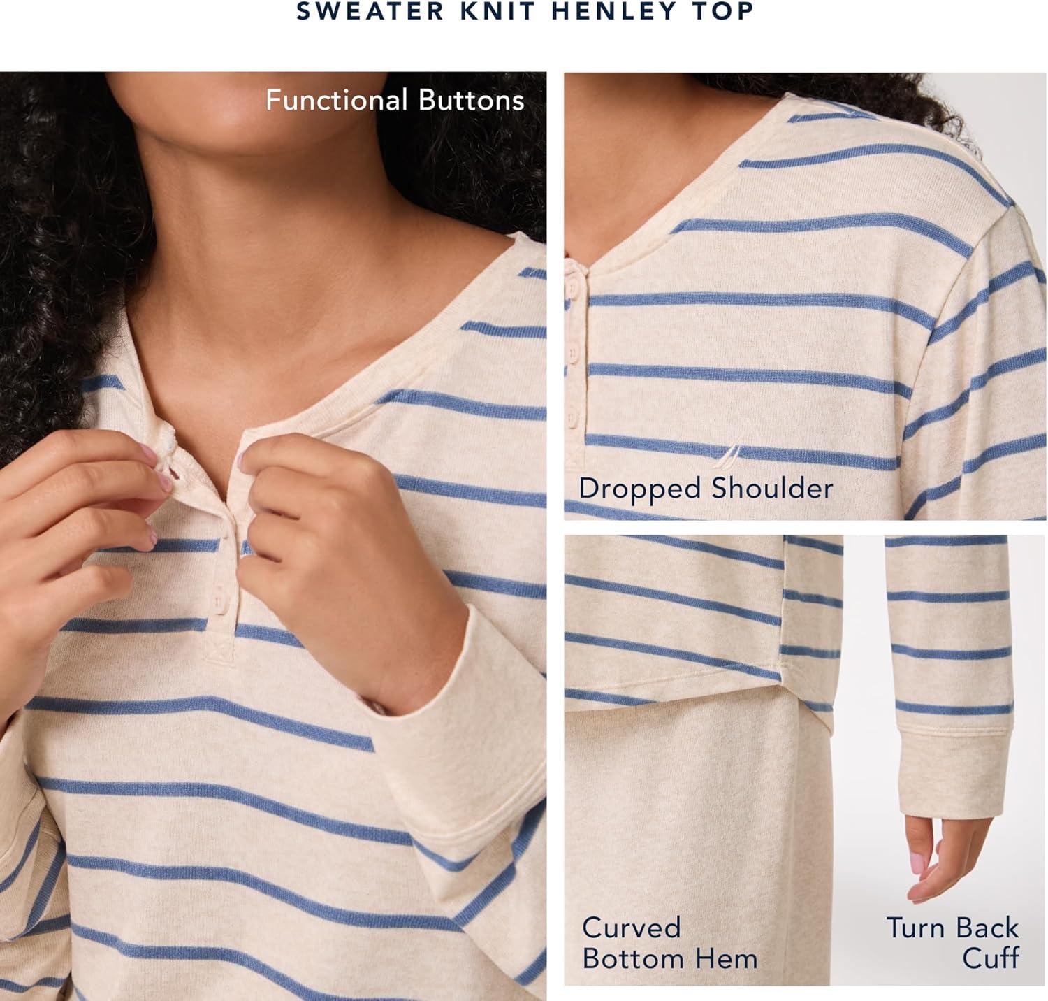 imageNautica Womens Henley Pajama Top UltraSoft amp Lightweight Long Sleeve Lounge Shirt Sweater Knit Sleepwear amp LoungewearGrey Stripe
