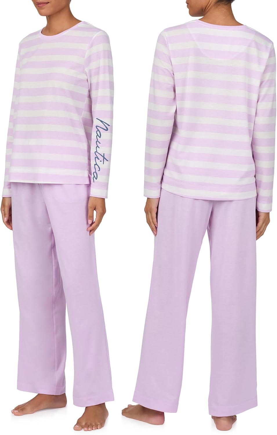 imageNautica Womens Matching Long Sleeve Pajama Top amp Pants Set Lightweight French Terry Sleepwear amp Loungewear PJs SetsLilac Stripe