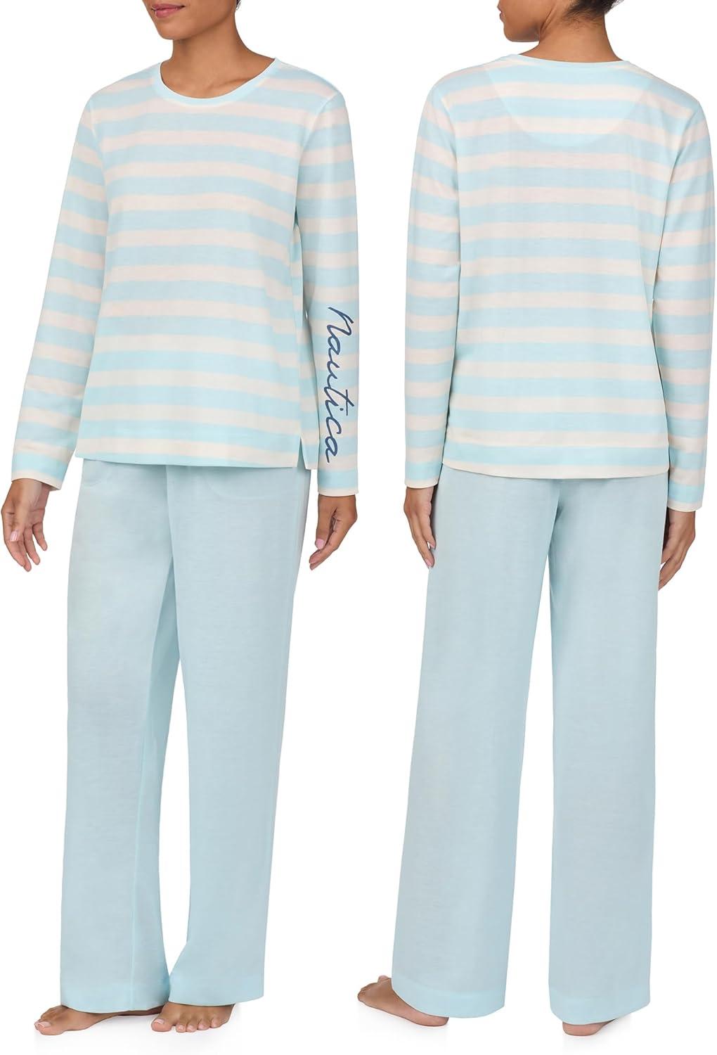imageNautica Womens Matching Long Sleeve Pajama Top amp Pants Set Lightweight French Terry Sleepwear amp Loungewear PJs SetsMint Stripe