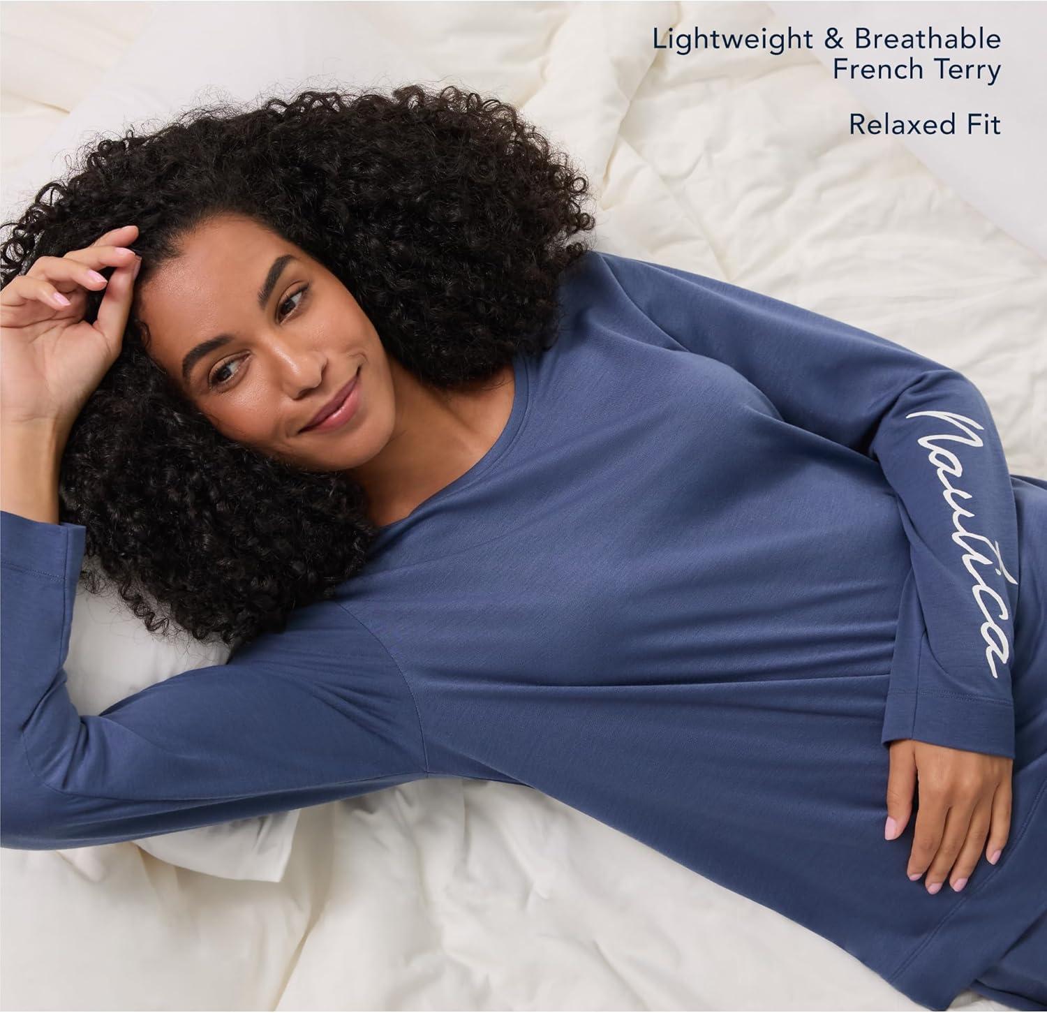 imageNautica Womens Matching Long Sleeve Pajama Top amp Pants Set Lightweight French Terry Sleepwear amp Loungewear PJs SetsMint Stripe
