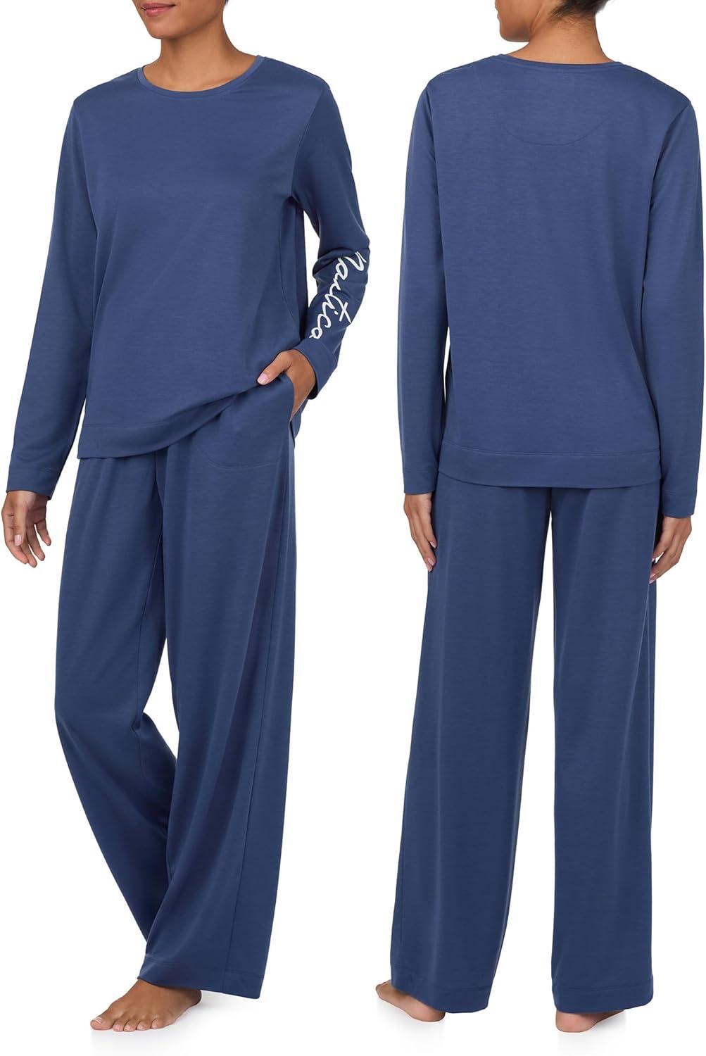 imageNautica Womens Matching Long Sleeve Pajama Top amp Pants Set Lightweight French Terry Sleepwear amp Loungewear PJs SetsNavy