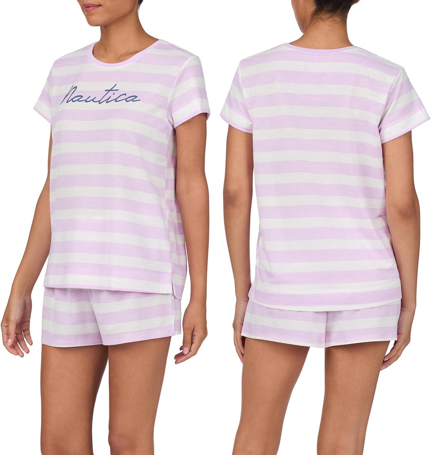 imageNautica Womens Matching Short Sleeve Pajama Top amp Shorts Set Lightweight French Terry Sleepwear amp Loungewear PJs SetsLilac Stripe