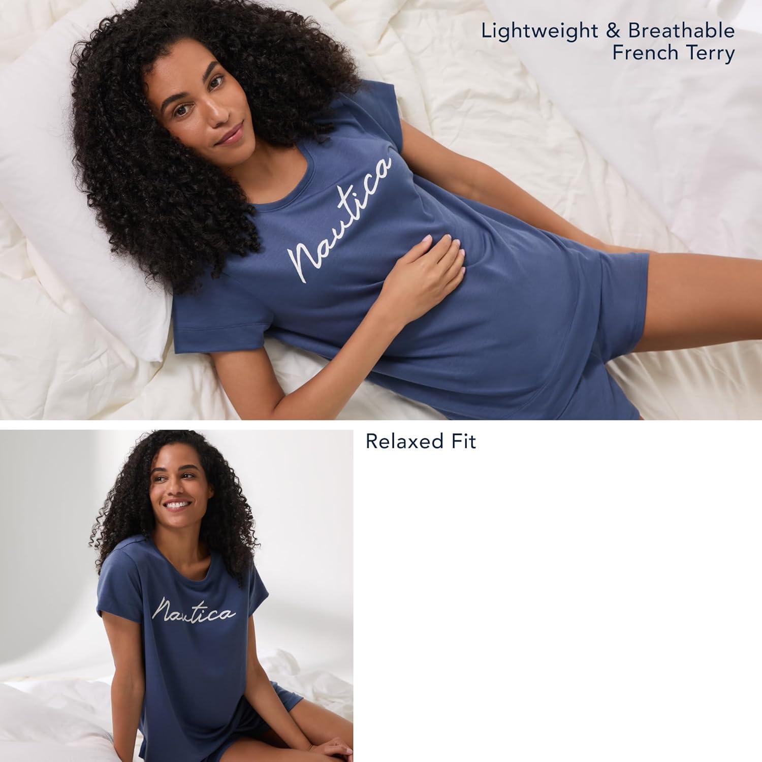 imageNautica Womens Matching Short Sleeve Pajama Top amp Shorts Set Lightweight French Terry Sleepwear amp Loungewear PJs SetsMint Stripe
