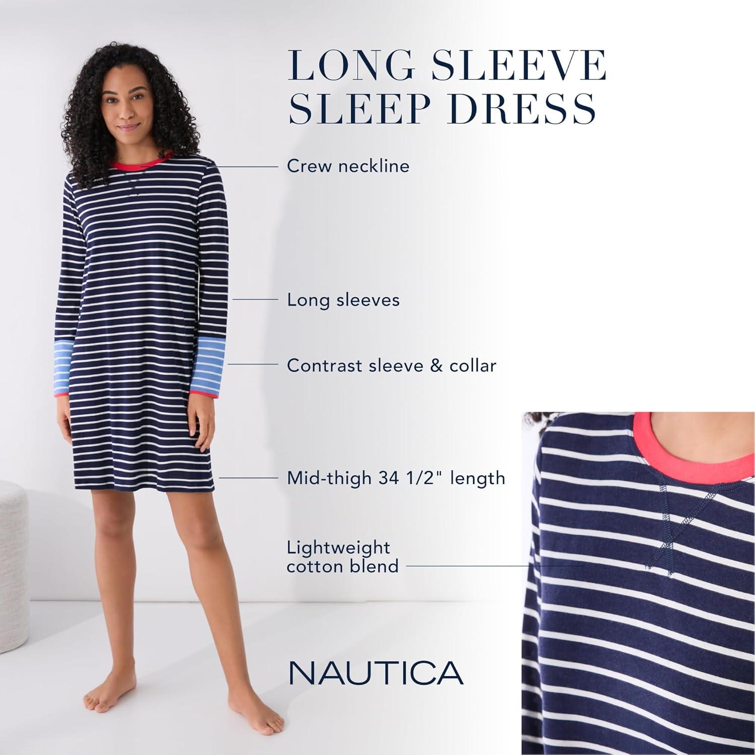 imageNautica Womens MidThigh Crew Neck Pajama Sleepshirt Color Block Stripe Soft Breathable Jersey CottonRayonNavy Stp